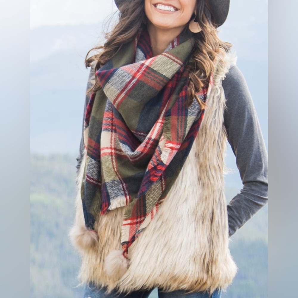 Grace & Lace Olive Multi Plaid Triangle Scarf